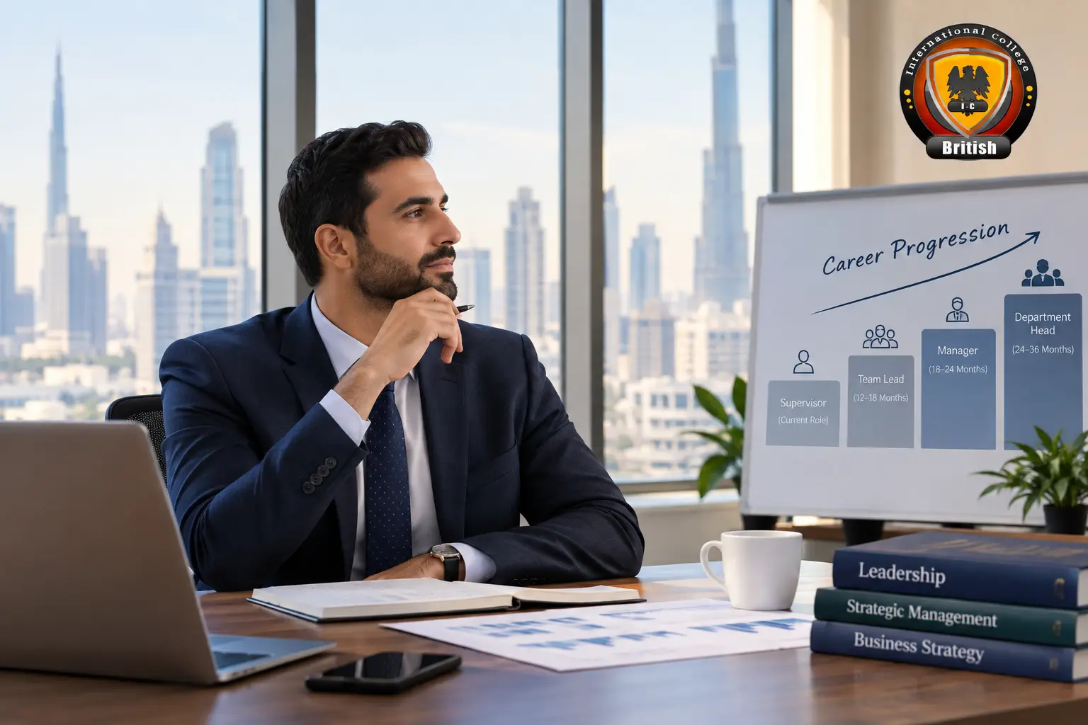 A corporate professional analyzing a strategic management career path GCC progression timeline.
